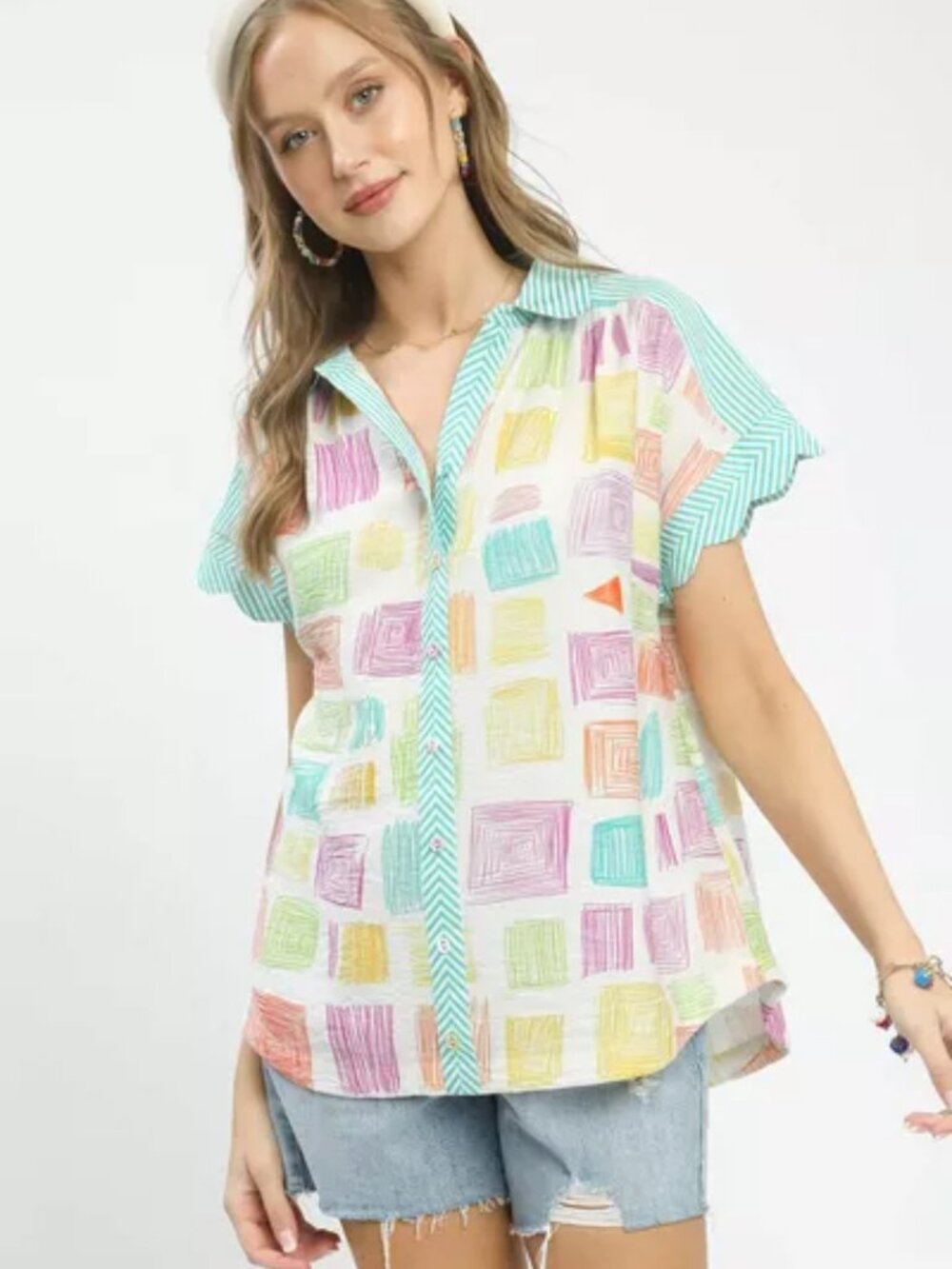 Umgee Mixed Media Print Button Front‎ Collared Top